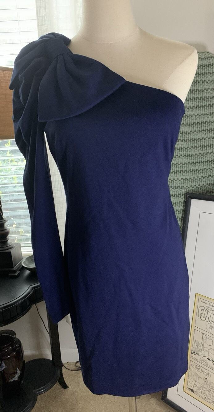 Amanda Uprichard Women's Navy Size Medium One Shoulder Dress With Oversized Bow